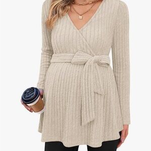 Cream Ribbed Wrap maternity Sweater XL